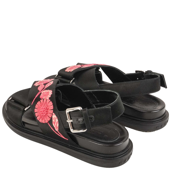 Marni Satin Floral Embroidered Fussbett Sandals in Black and Pink - Discounts on Marni at UAL