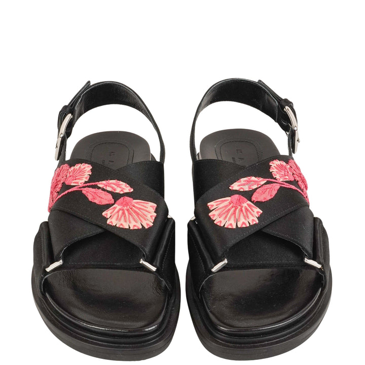 Marni Satin Floral Embroidered Fussbett Sandals in Black and Pink - Discounts on Marni at UAL
