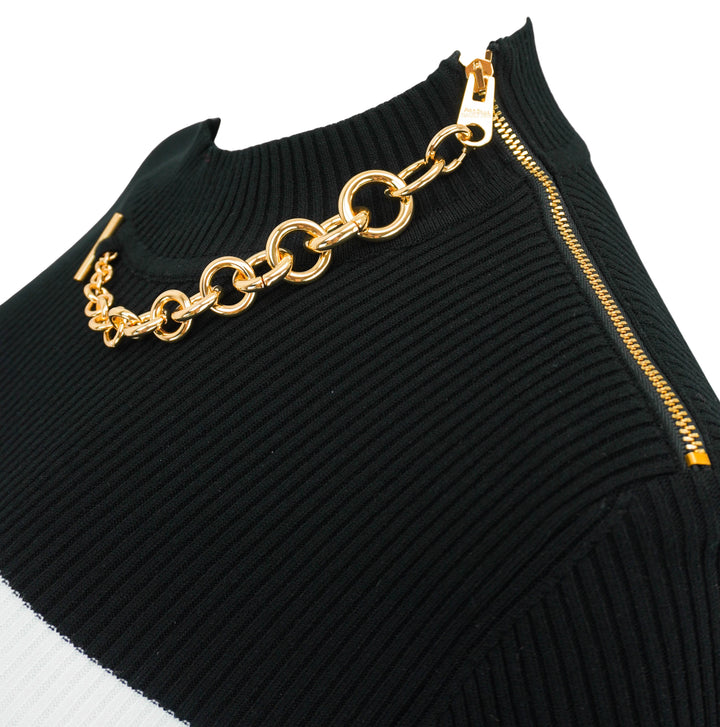Jean Paul Gaultier Ribbed Dress with Chain Detail in Black and White