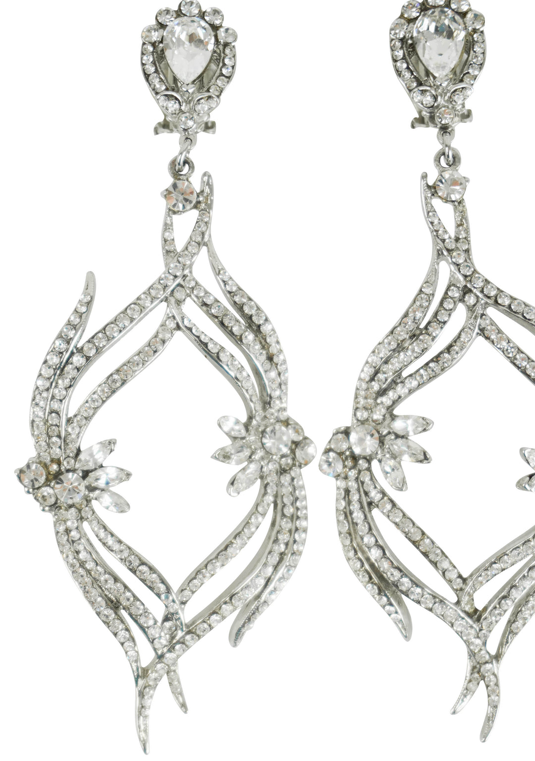 Jose Barrera Floral Oval Embellished Earrings in Silver