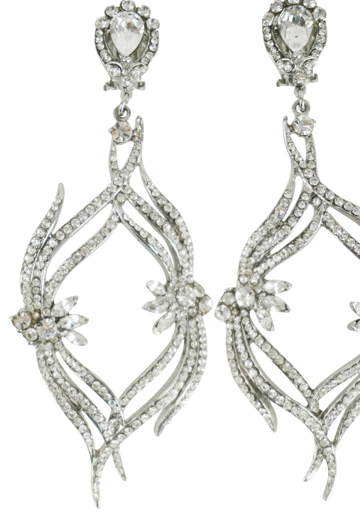 Jose Barrera Floral Oval Embellished Earrings in Silver
