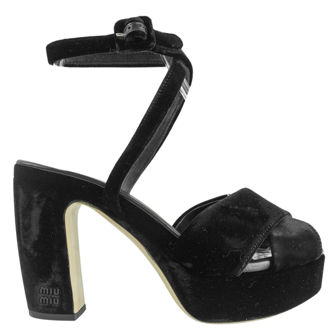 Miu Miu Velvet Heels with Ankle Strap in Black - Discounts on Miu Miu at UAL