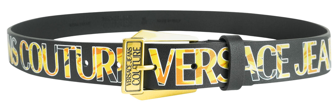 Versace Jeans Couture Logo Print Leather Belt in Black - Discounts on Versace at UAL