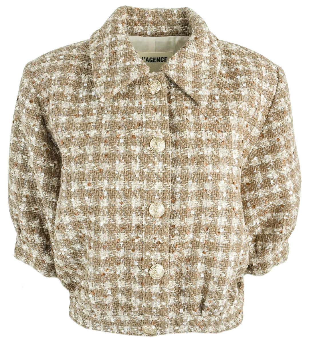L'AGENCE Cropped Short Sleeve Jacket in Tan Tweed - Discounts on L'AGENCE at UAL