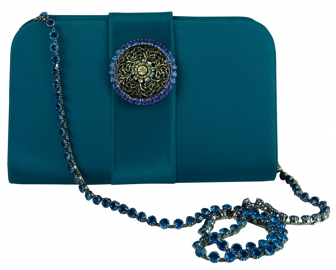 Renaud Pellegrino Bella Satin Clutch with Crystal in Blue