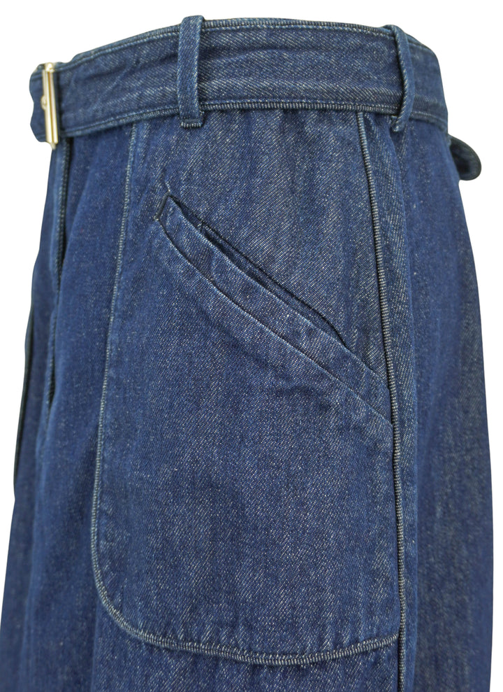 Dries Van Noten Belted Denim Midi Skirt in Dark Blue