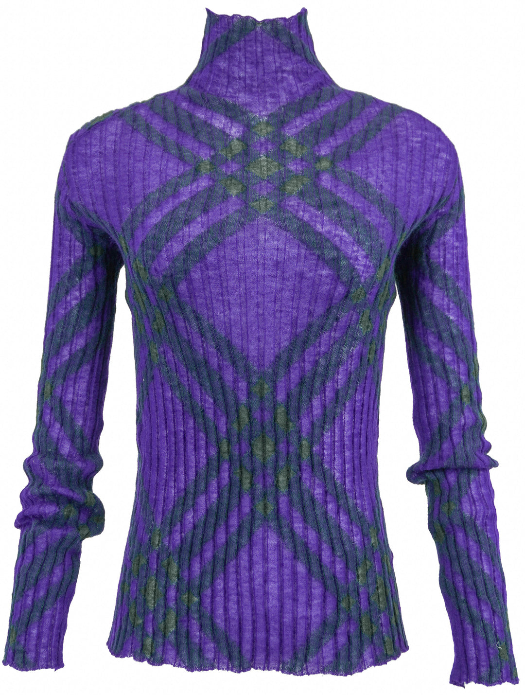 Burberry Wool Check Pattern Long Sleeve Turtleneck in Purple and Green - Discounts on Burberry at UAL