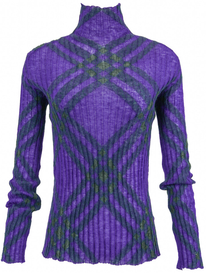 Burberry Wool Check Pattern Long Sleeve Turtleneck in Purple and Green - Discounts on Burberry at UAL