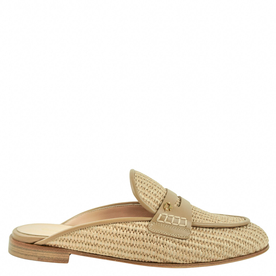 Gianvito Rossi Florio Marbella Raffia & Leather Mules in Natural/Desert - Discounts on Gianvito Rossi at UAL