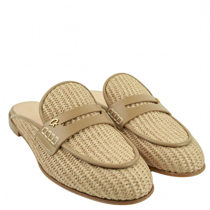 Gianvito Rossi Florio Marbella Raffia & Leather Mules in Natural/Desert - Discounts on Gianvito Rossi at UAL