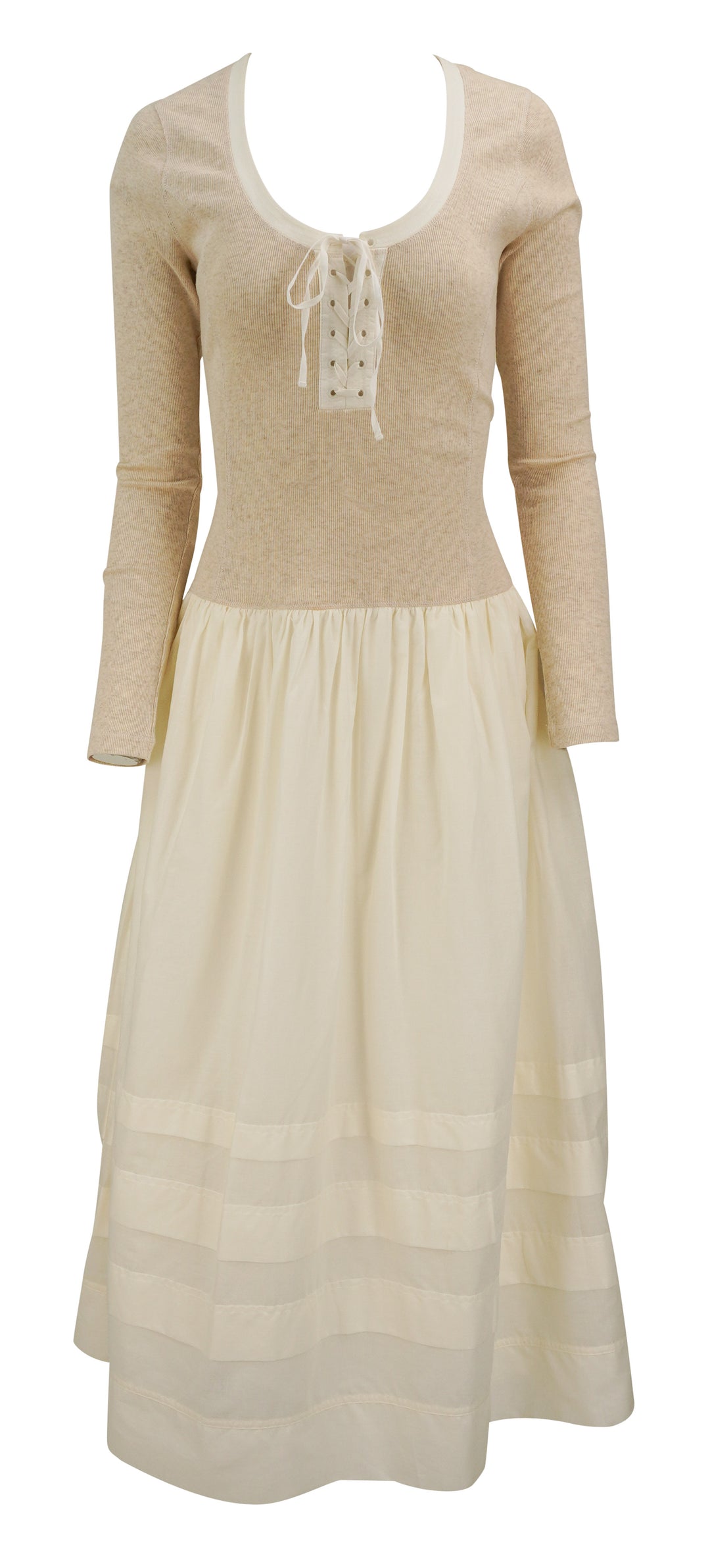 Ulla Johnson Quincy Drop Waist Long Sleeve Dress in Beige and Cream - Discounts on Ulla Johnson at UAL