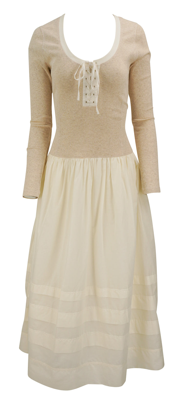 Ulla Johnson Quincy Drop Waist Long Sleeve Dress in Beige and Cream - Discounts on Ulla Johnson at UAL