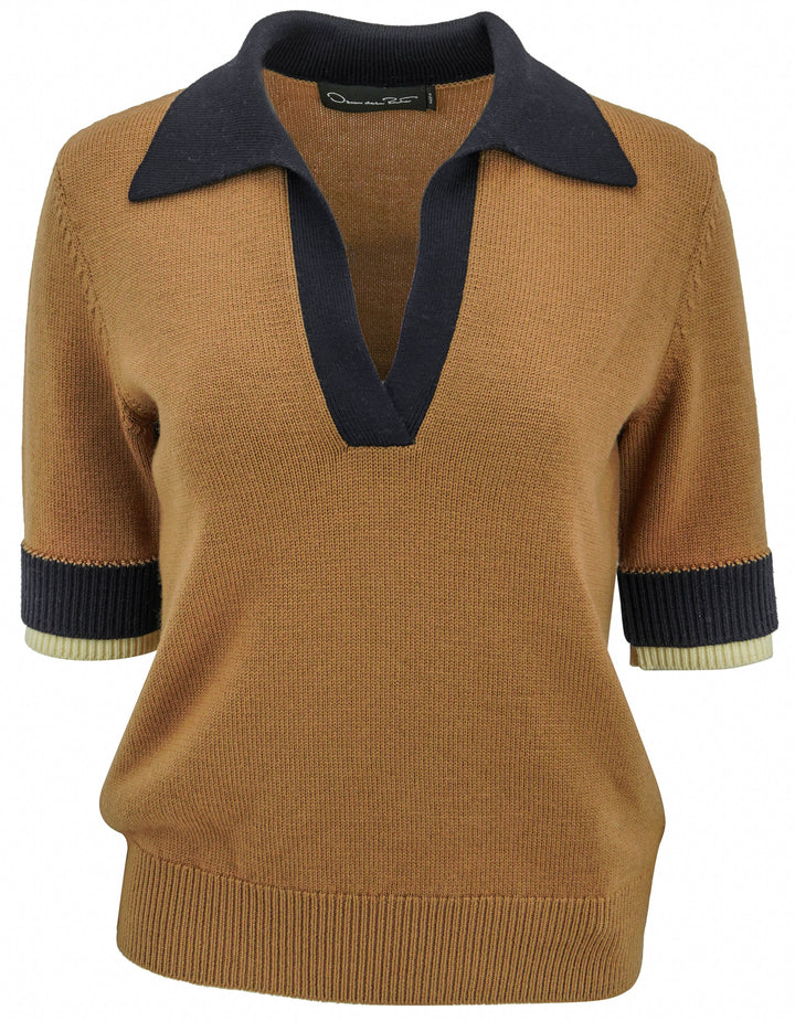 Oscar de la Renta Short Sleeve Polo Sweater in Walnut