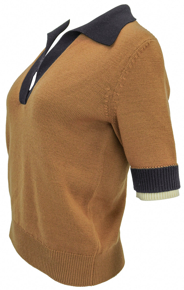 Oscar de la Renta Short Sleeve Polo Sweater in Walnut