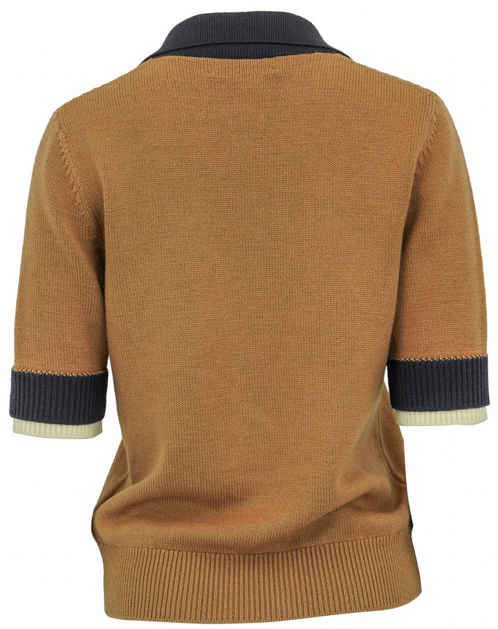 Oscar de la Renta Short Sleeve Polo Sweater in Walnut