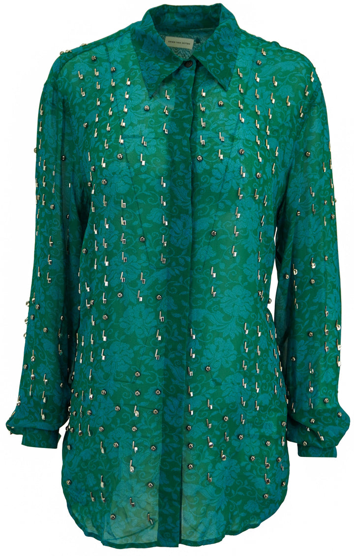 Dries Van Noten Chowy Embroidered Blouse in Turquoise