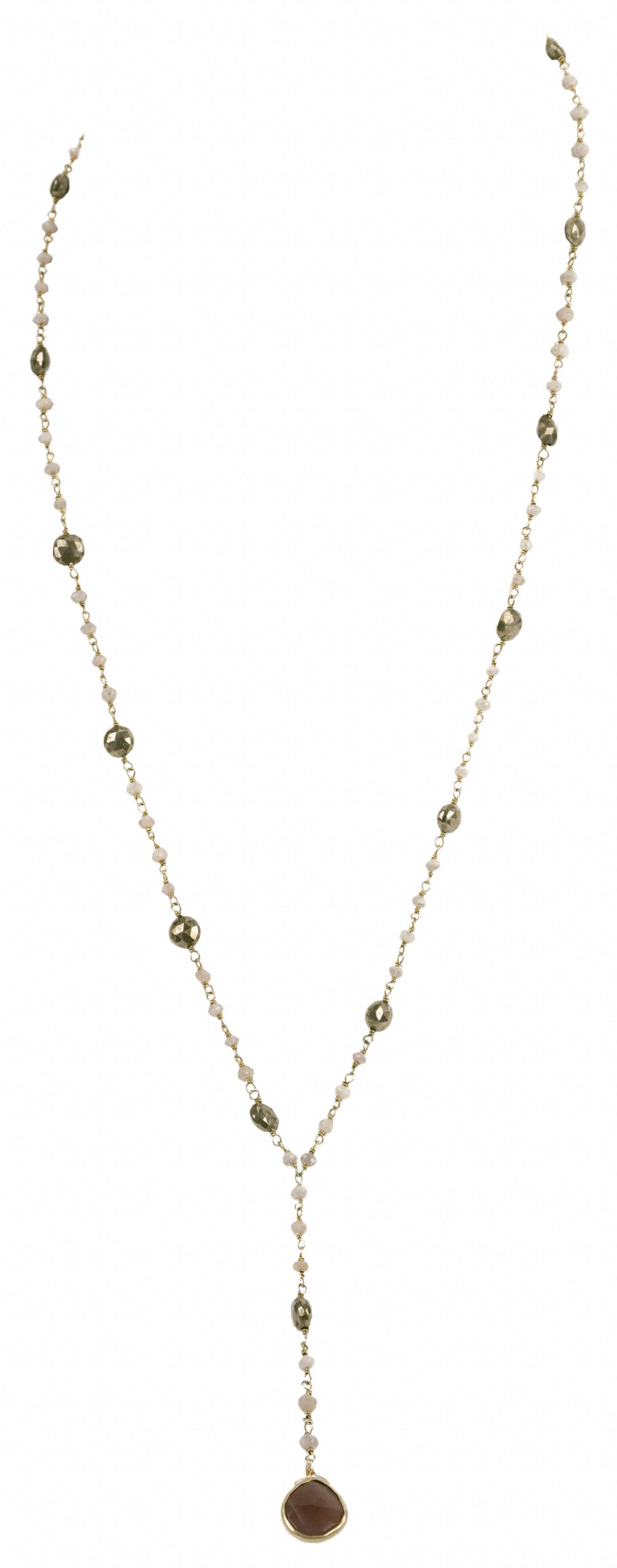Ela Rae Yaeli Necklace in Pyrite and Pink Opal - Discounts on Ela Rae at UAL