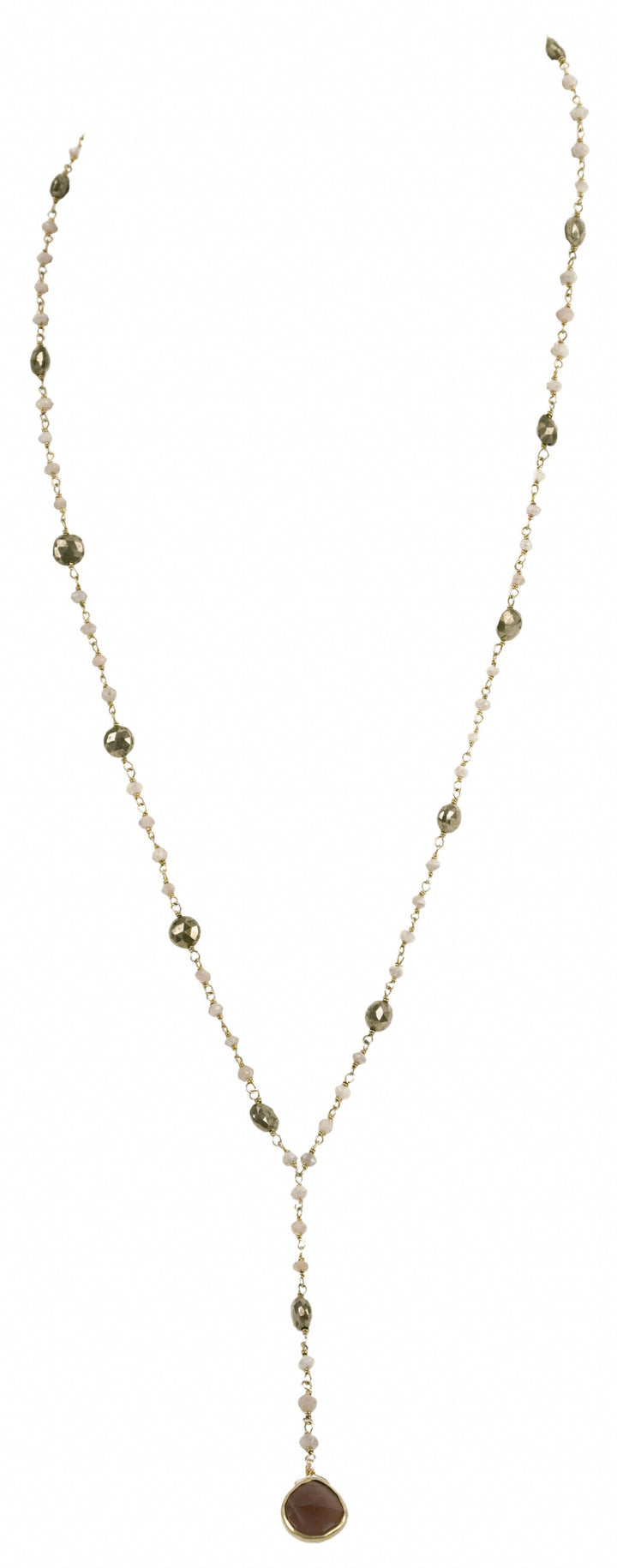 Ela Rae Yaeli Necklace in Pyrite and Pink Opal - Discounts on Ela Rae at UAL