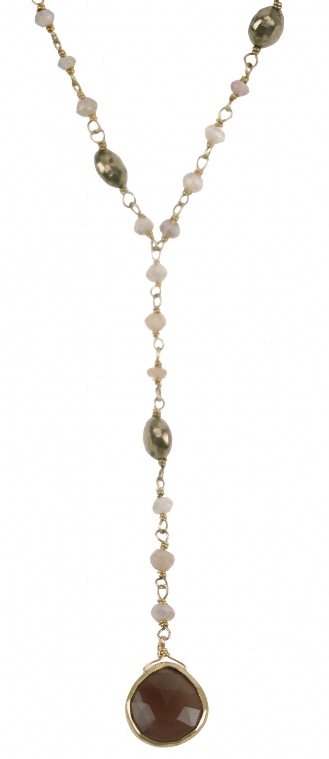 Ela Rae Yaeli Necklace in Pyrite and Pink Opal - Discounts on Ela Rae at UAL