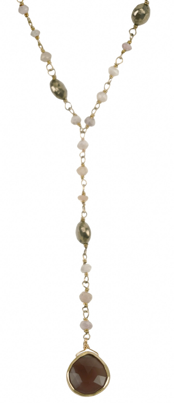 Ela Rae Yaeli Necklace in Pyrite and Pink Opal - Discounts on Ela Rae at UAL