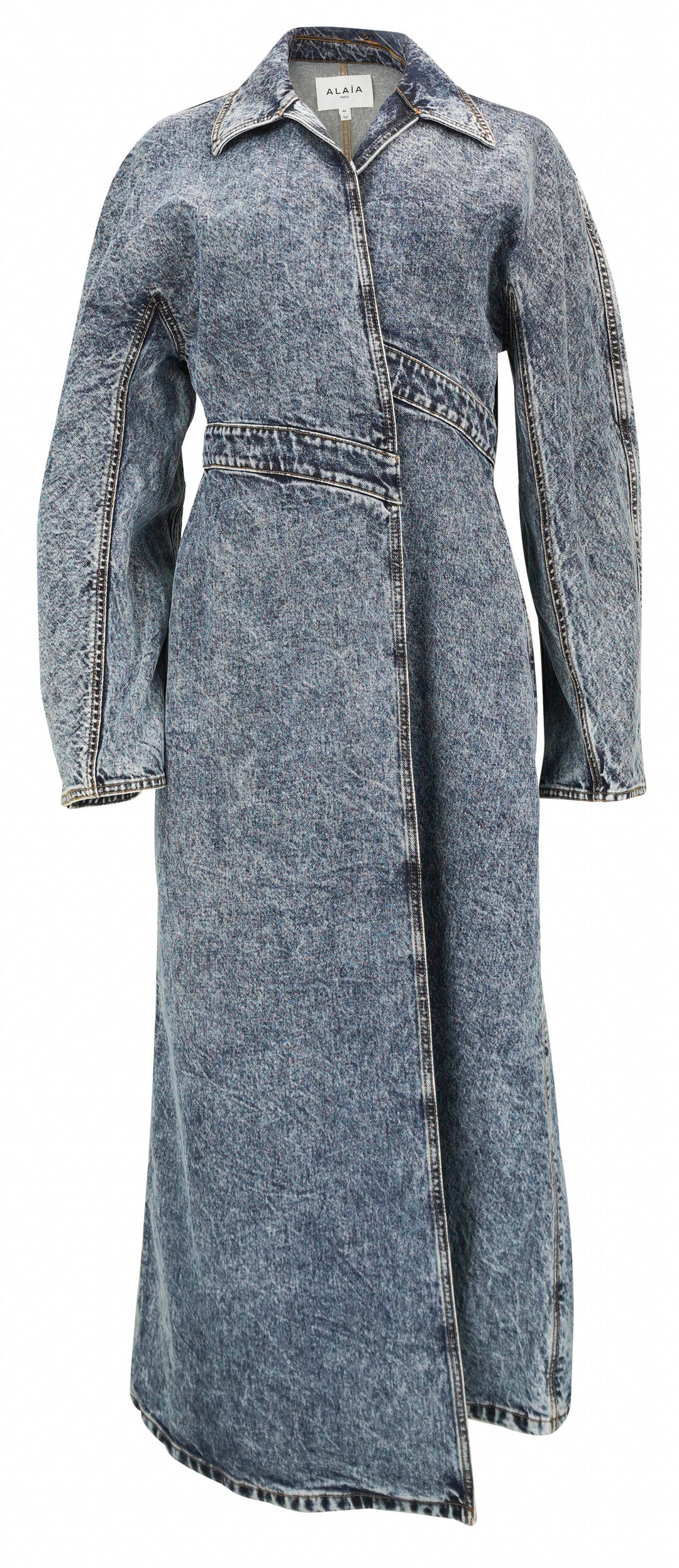 ALAÏA Spiral Trench Coat in Snow Denim - Discounts on ALAÏA at UAL