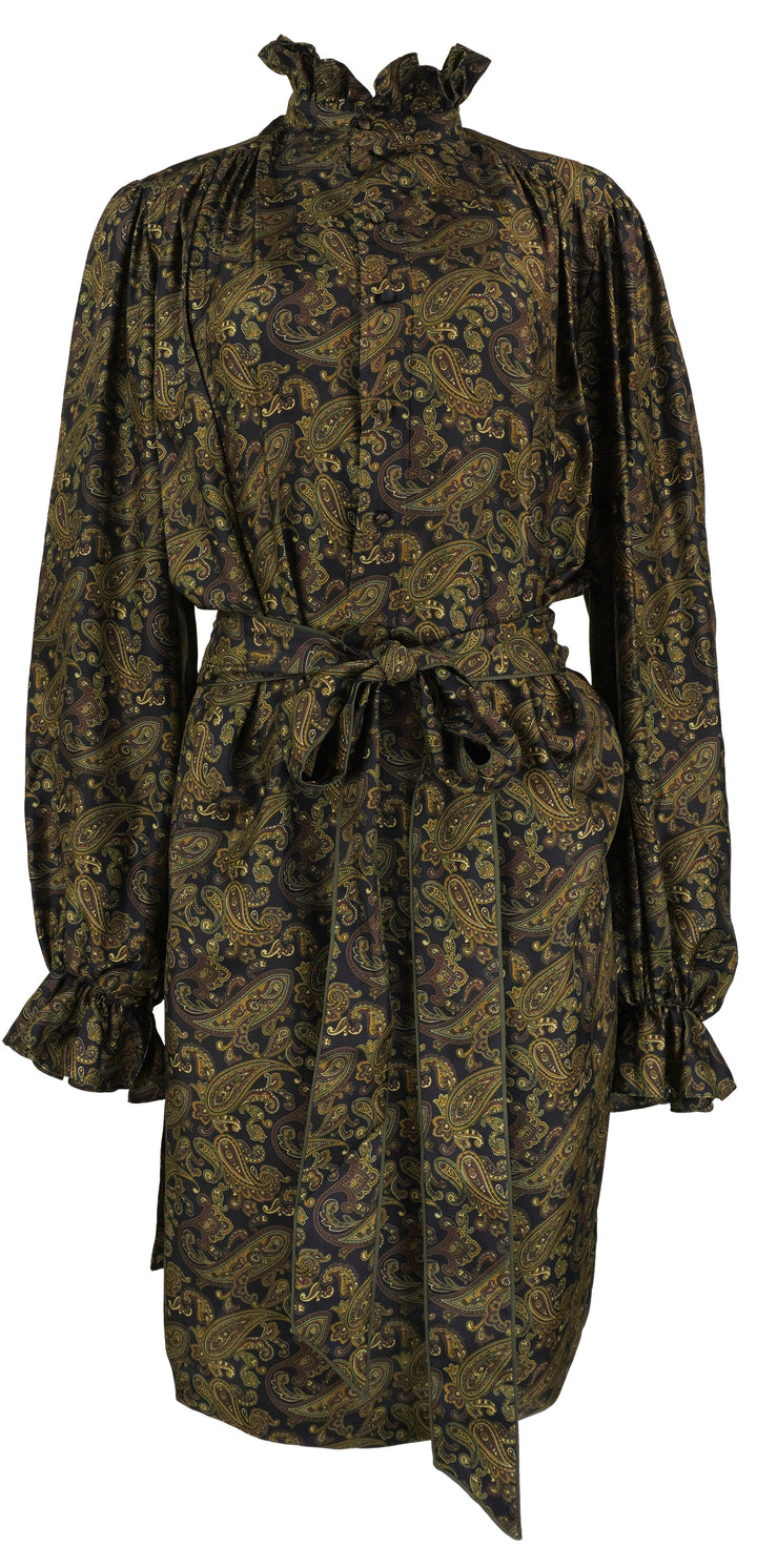 Saint Laurent Paisley Print Silk Tunic in Navy and Brown Multi - Discounts on Saint Laurent at UAL