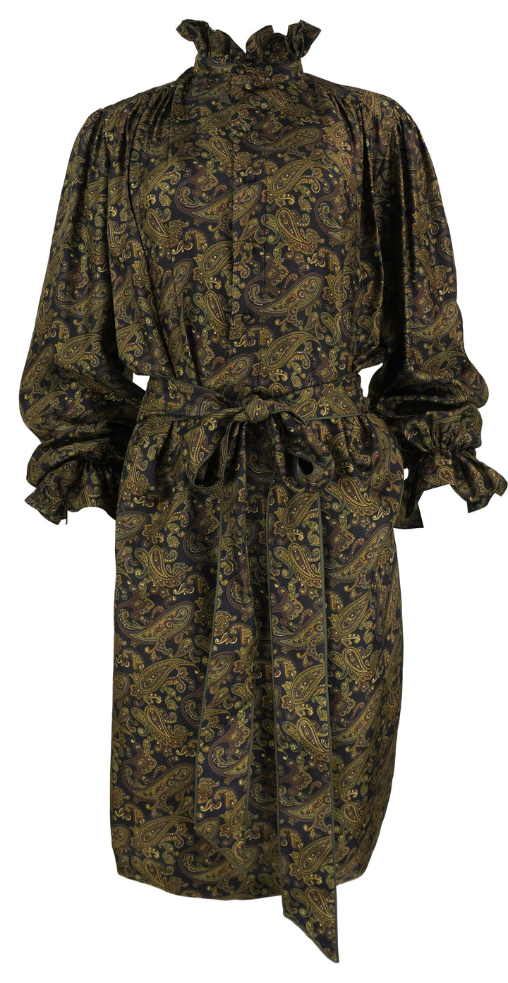 Saint Laurent Paisley Print Silk Tunic in Navy and Brown Multi - Discounts on Saint Laurent at UAL