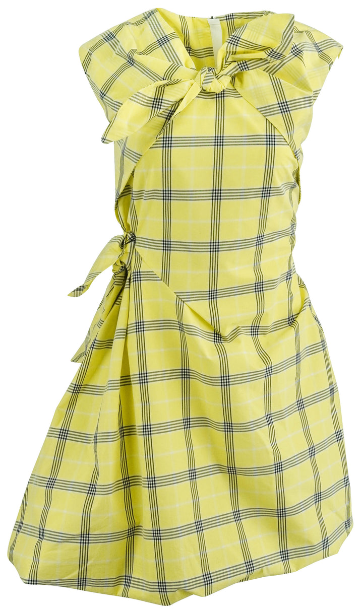 MSGM Poplin Check Draped Mini Dress with Bows in Yellow