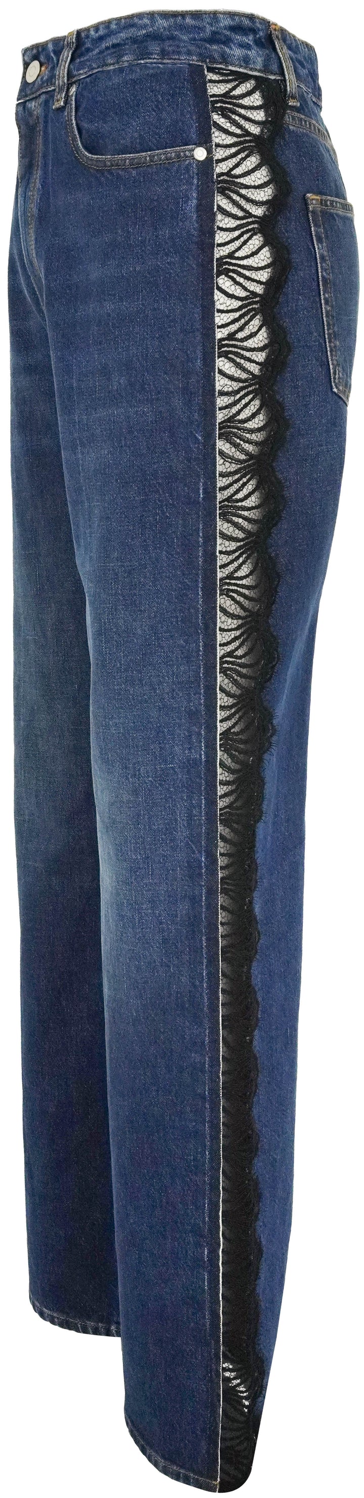 Stella McCartney Lace Detailed High Rise Straight Jeans in Dark Blue - Discounts on Stella McCartney at UAL