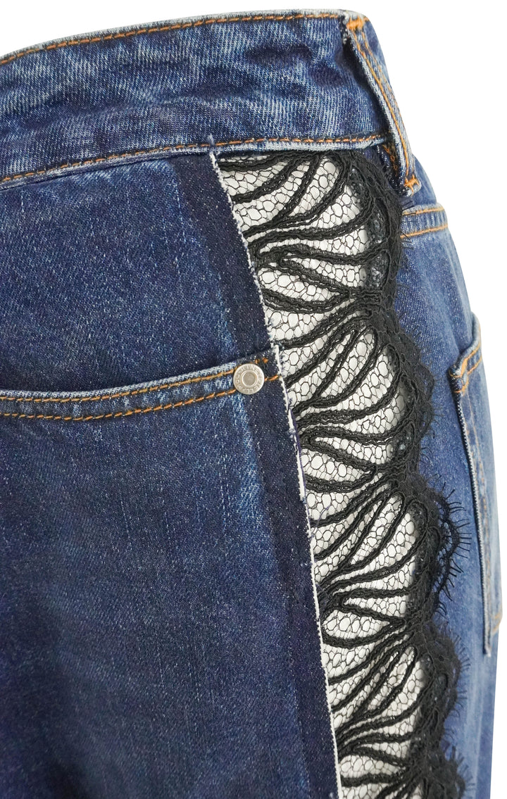 Stella McCartney Lace Detailed High Rise Straight Jeans in Dark Blue - Discounts on Stella McCartney at UAL