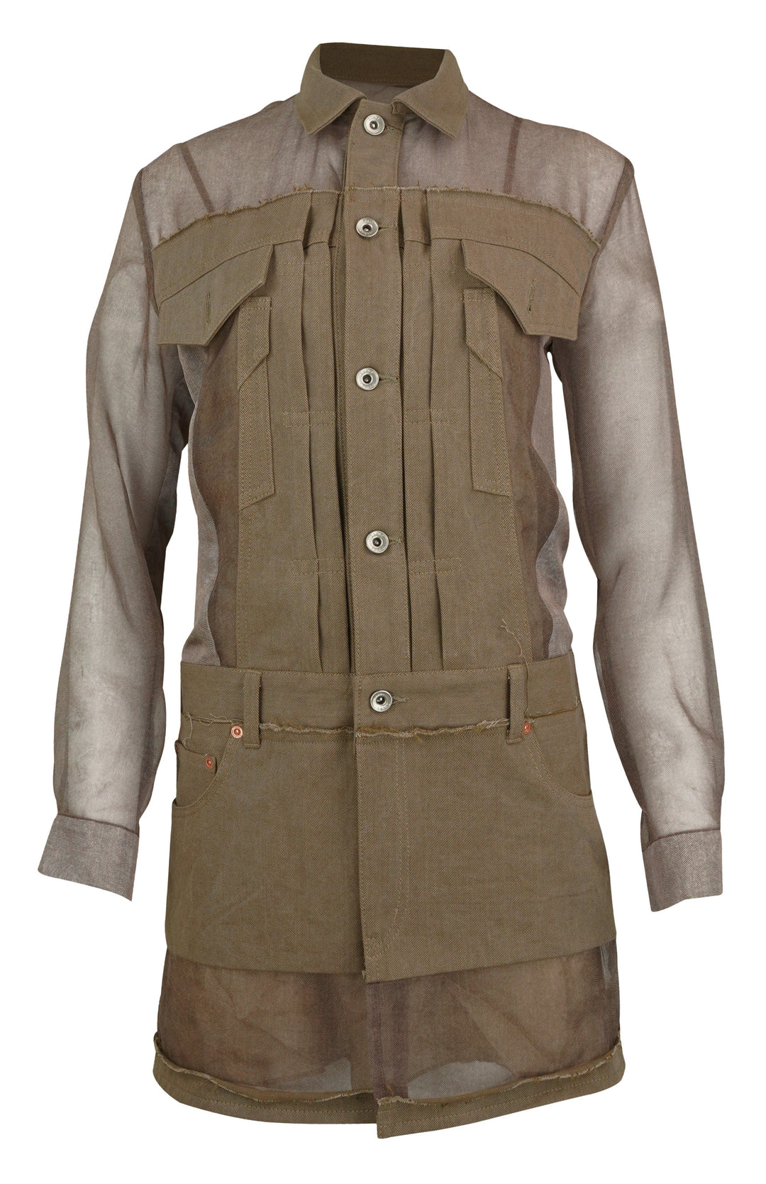 Sacai Denim Mix Paneled Mini Dress in Khaki Brown - Discounts on Sacai at UAL