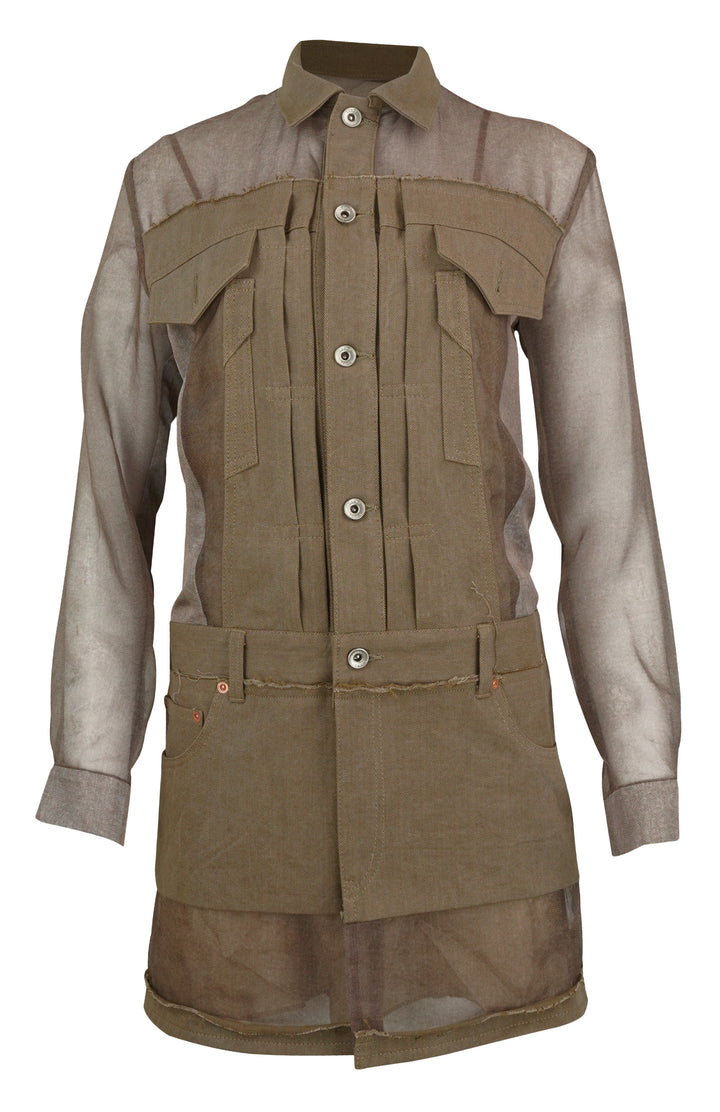 Sacai Denim Mix Paneled Mini Dress in Khaki Brown - Discounts on Sacai at UAL