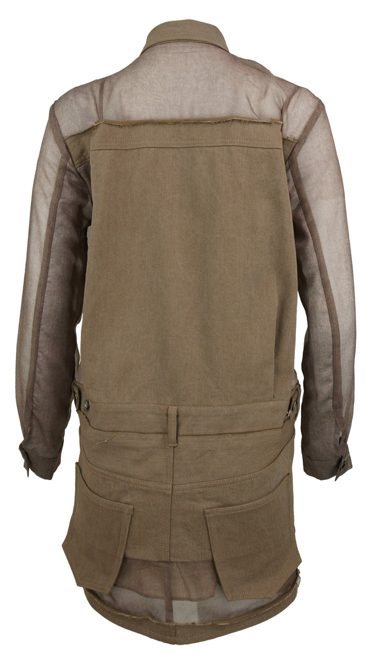 Sacai Denim Mix Paneled Mini Dress in Khaki Brown - Discounts on Sacai at UAL