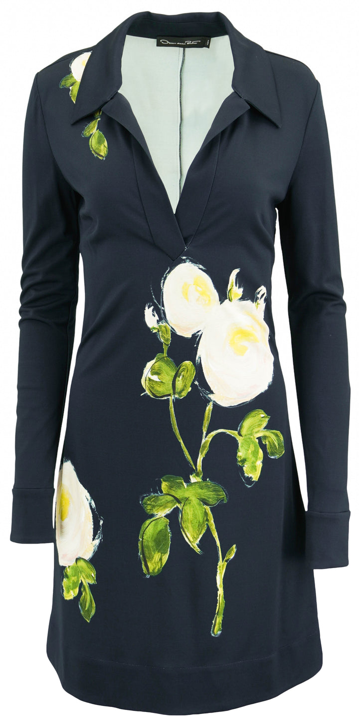 Oscar de la Renta Rose Print Dress in Navy