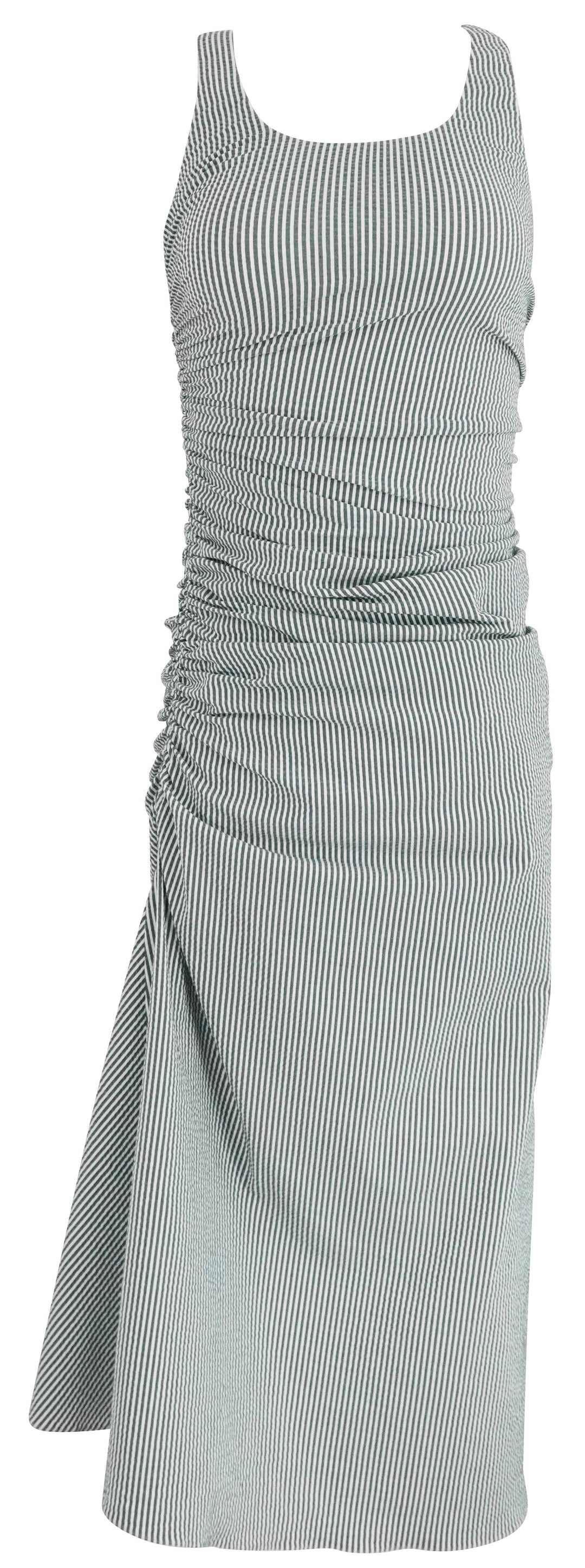 Alaïa Seersucker Gathered Dress in White and Blue - Discounts on ALAÏA at UAL