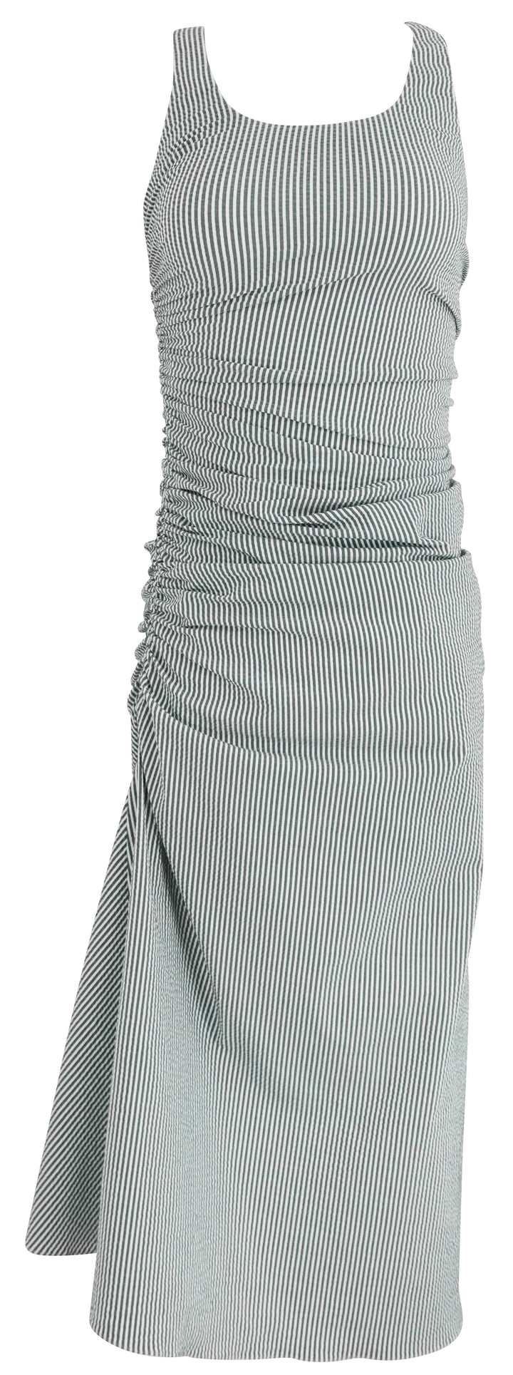 Alaïa Seersucker Gathered Dress in White and Blue - Discounts on ALAÏA at UAL