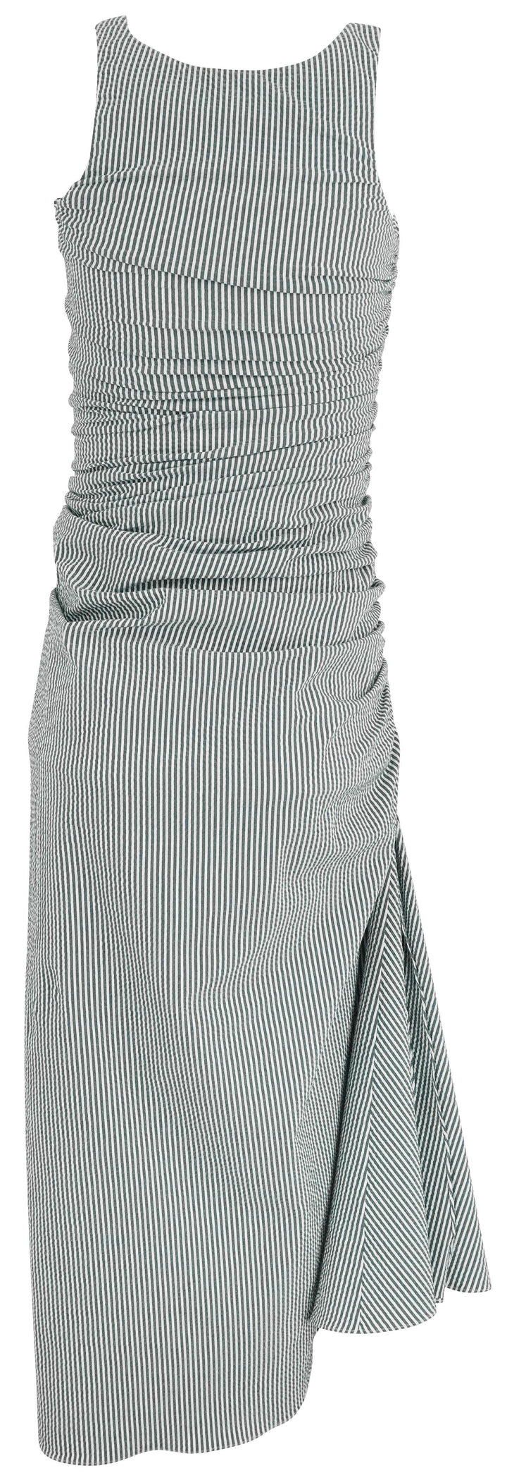Alaïa Seersucker Gathered Dress in White and Blue - Discounts on ALAÏA at UAL