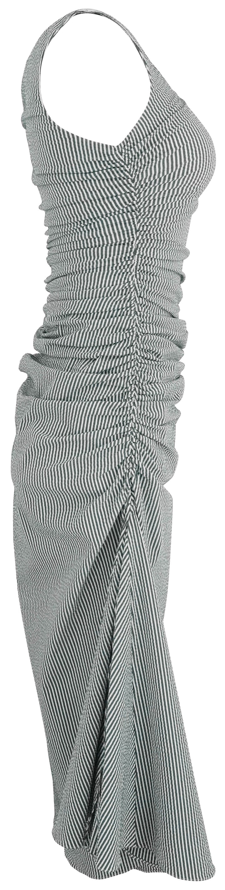 Alaïa Seersucker Gathered Dress in White and Blue - Discounts on ALAÏA at UAL