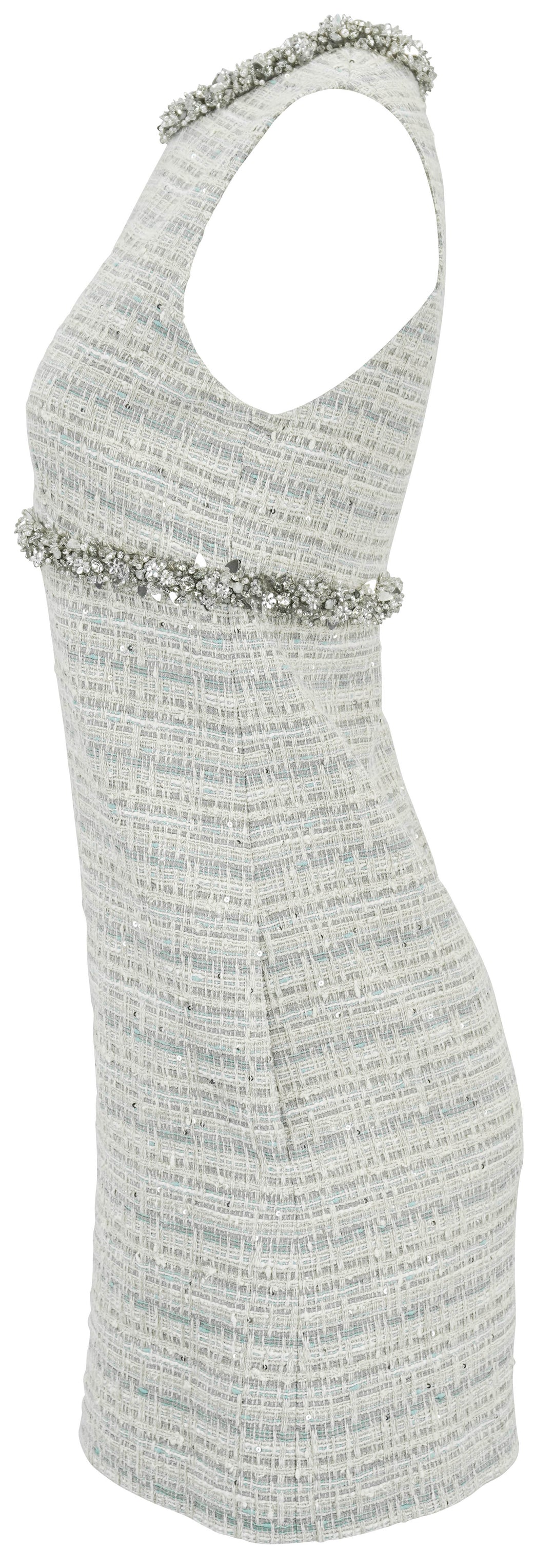 Valentino Embellished Tweed Dress in Cream, Grey and Blue