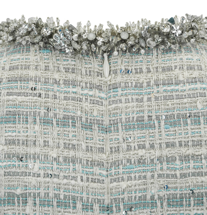 Valentino Embellished Tweed Dress in Cream, Grey and Blue