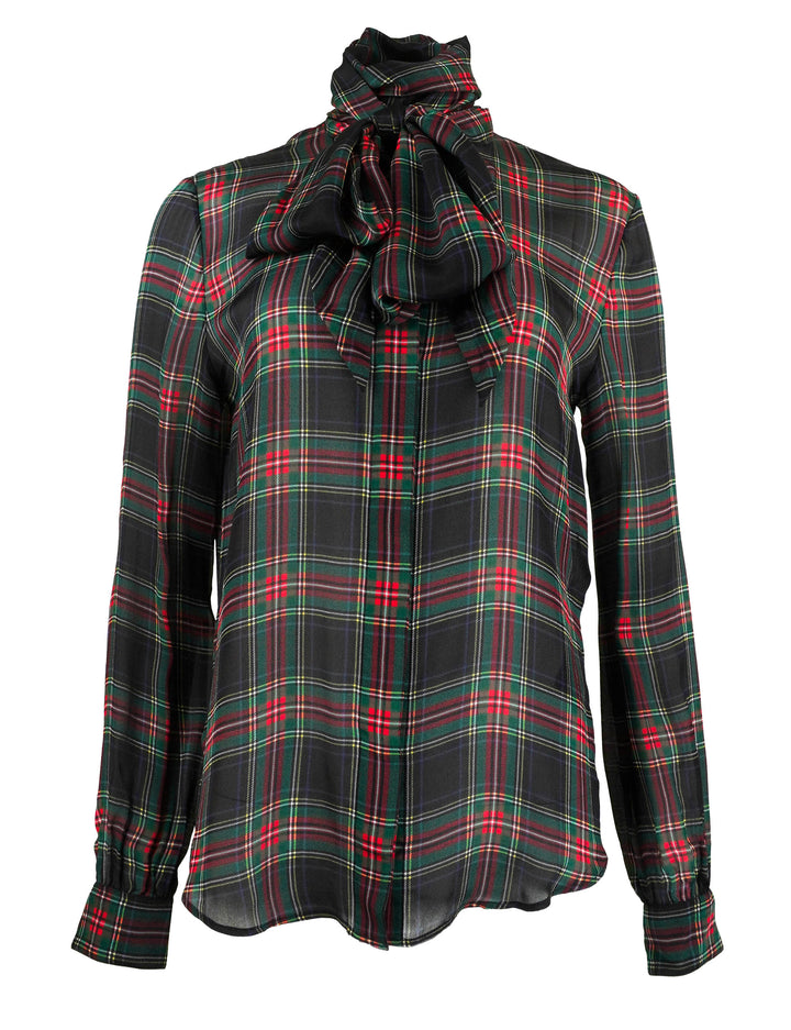 Saint Laurent Tartan Print Lavallière Blouse in Noir Multicolor