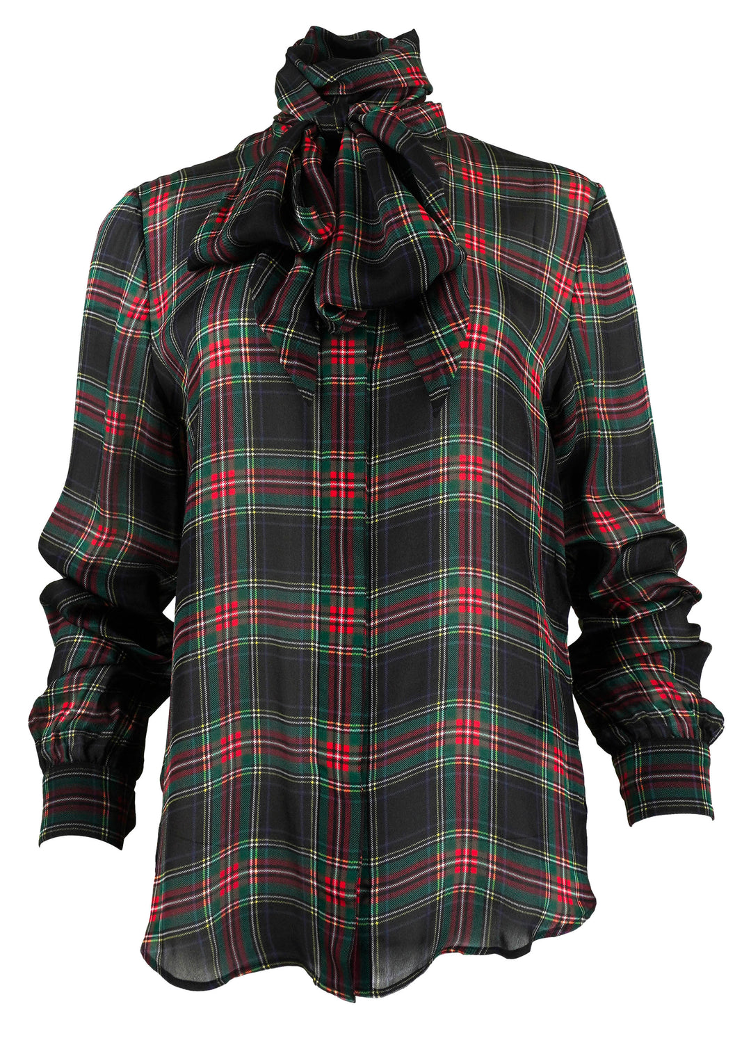 Saint Laurent Tartan Print Lavallière Blouse in Noir Multicolor