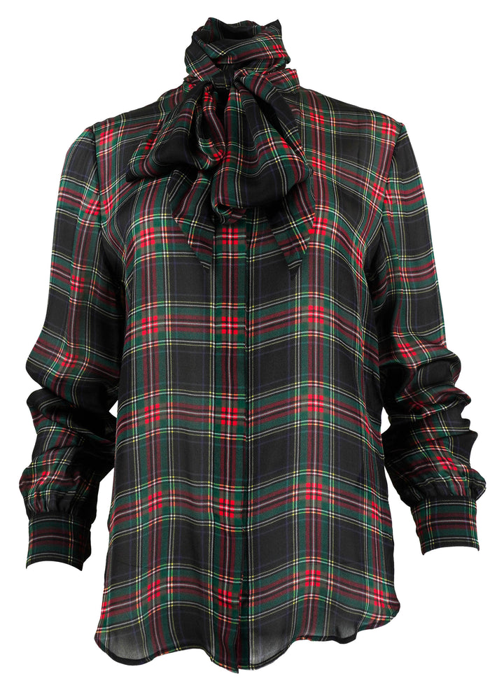 Saint Laurent Tartan Print Lavallière Blouse in Noir Multicolor