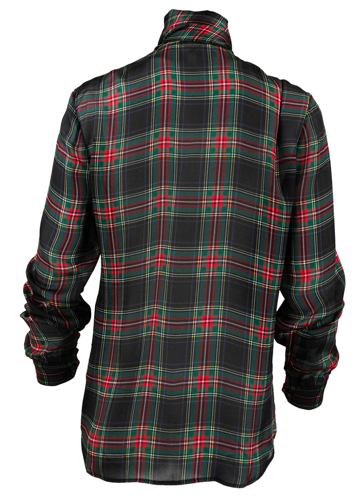 Saint Laurent Tartan Print Lavallière Blouse in Noir Multicolor