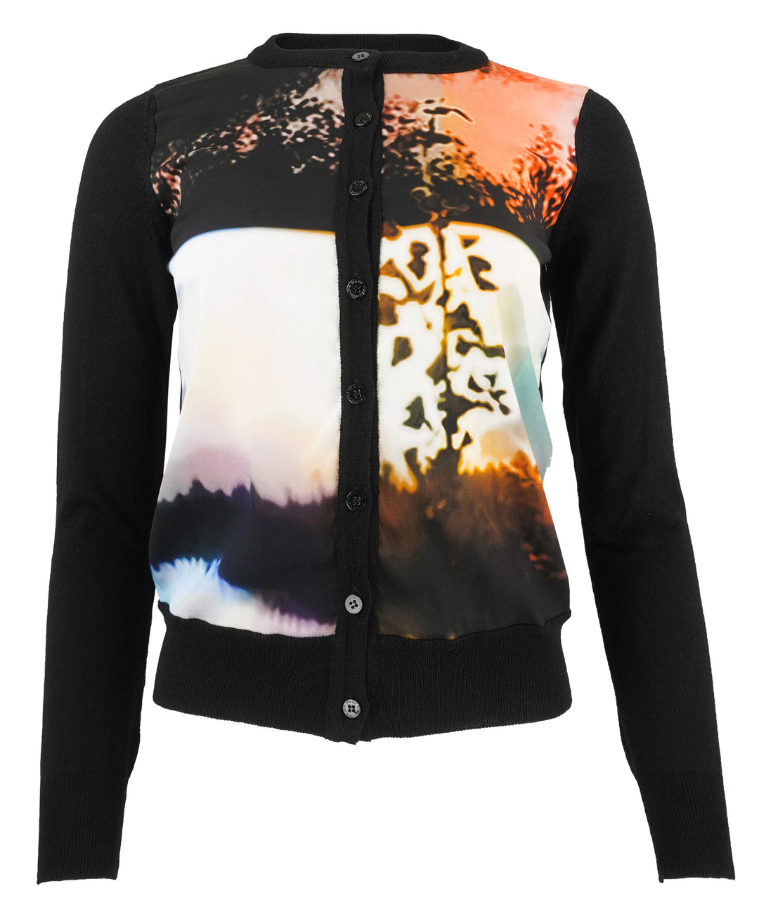 Mary Katrantzou Woodstock Sunset Print Knit Silk Blend Cardigan in Black Multi - Discounts on Mary Katrantzou at UAL