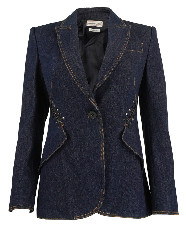 Alexander McQueen Lace Up Detail Denim Blazer in Dark Blue