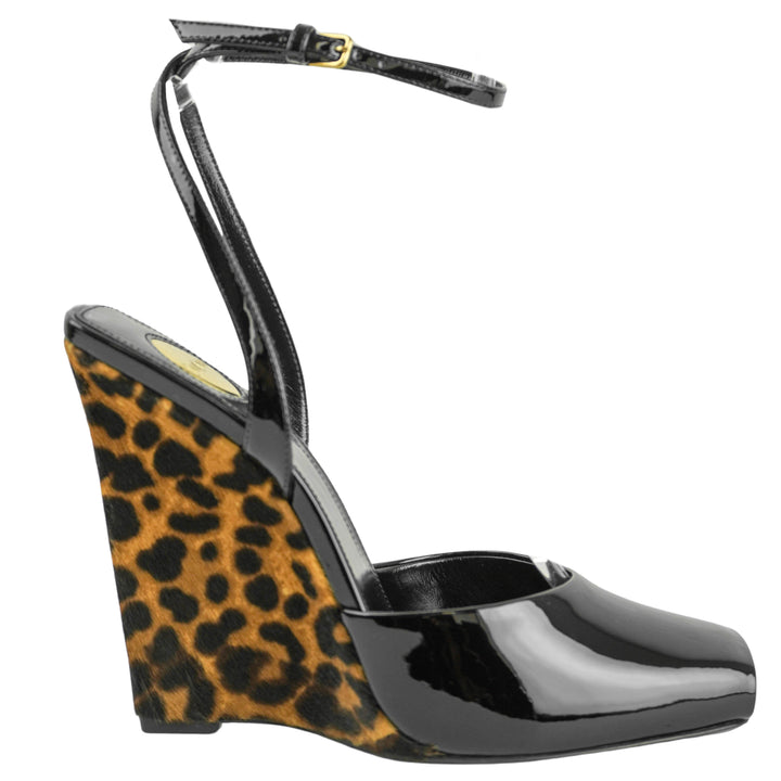 Saint Laurent La Scandale Patent Leather Wedges in Black/Leopard Print