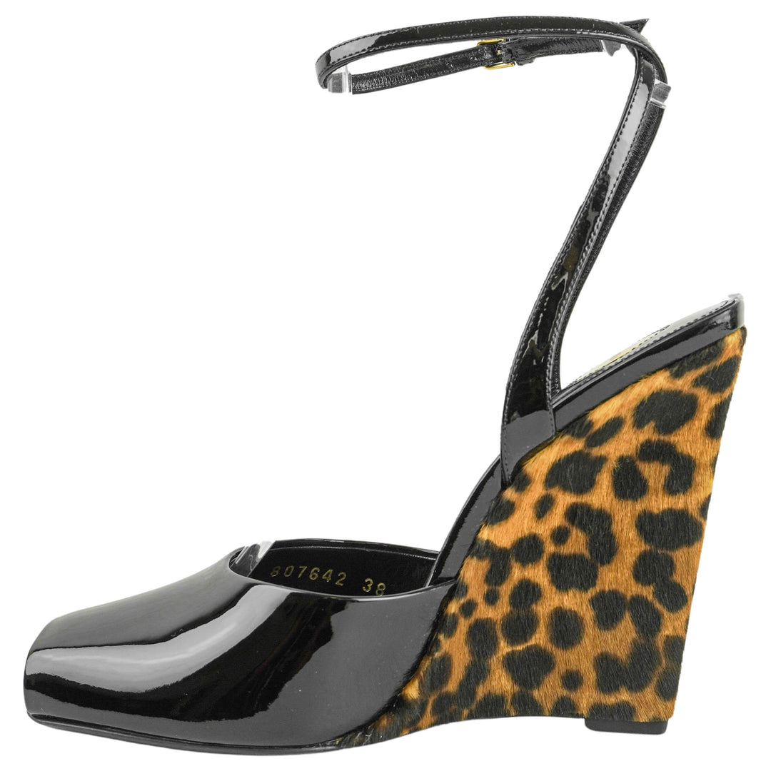 Saint Laurent La Scandale Patent Leather Wedges in Black/Leopard Print