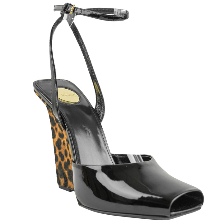 Saint Laurent La Scandale Patent Leather Wedges in Black/Leopard Print