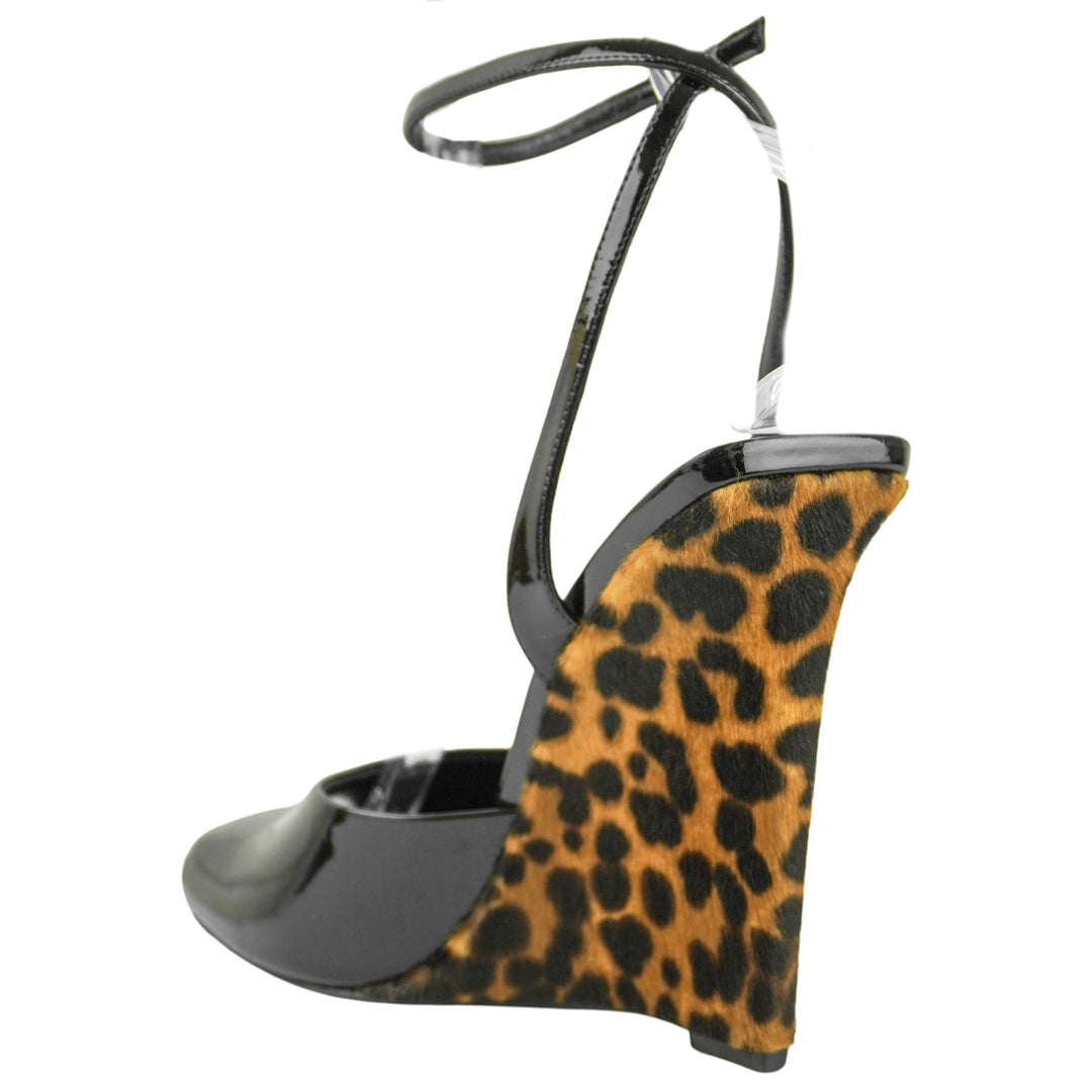 Saint Laurent La Scandale Patent Leather Wedges in Black/Leopard Print
